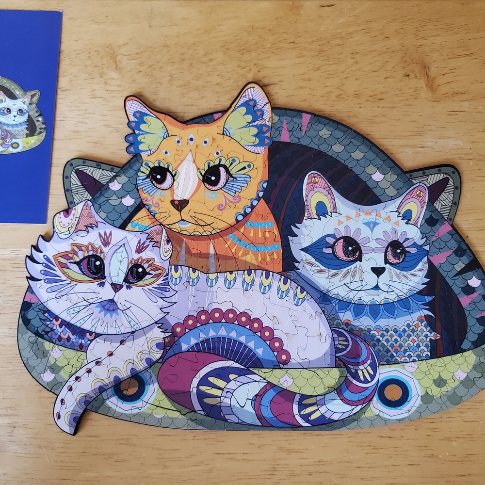 Wooden Artifact - Trio Of Colorful Cats Wooden Puzzle